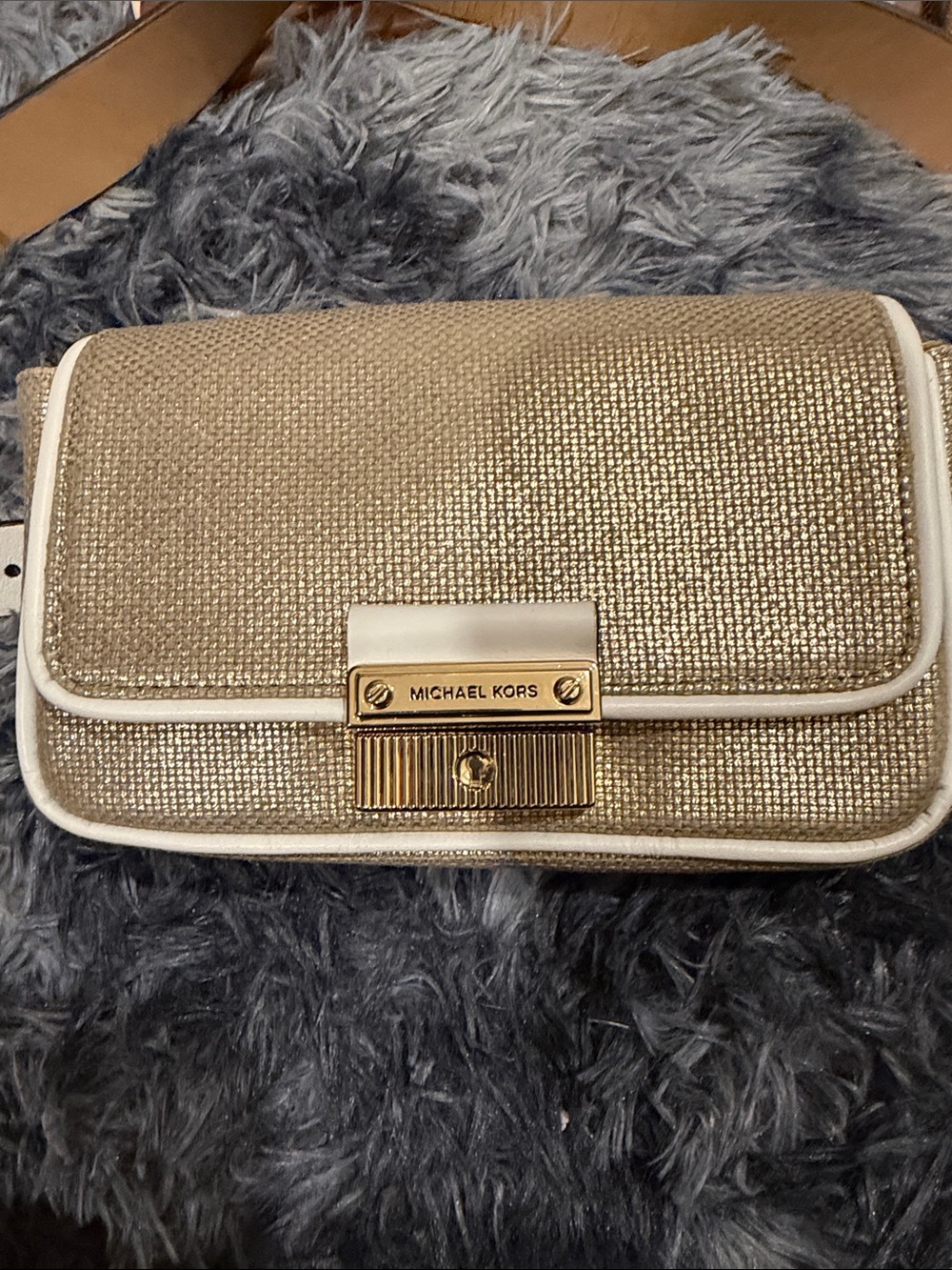 Michael Kors Gold and White Metallic Clutch with Chain Strap
